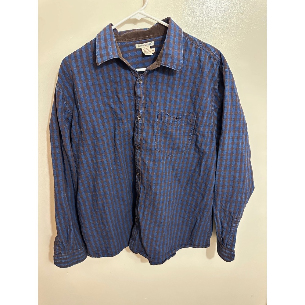 Carbon2Cobalt Mens XL Blue Brown Dobby Check Button Down Shirt Corduroy Trim
